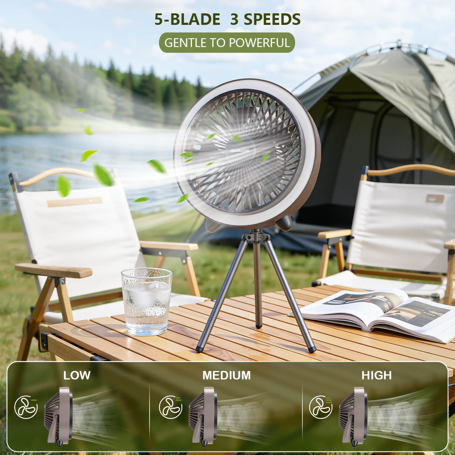 SAMUUN Camping Fan with Light, 10400mAh Remote Control & Color Changing LED for Tent, Car Camping Essentials, Desktop Use - Portable Fan for Campers, Outdoor Enthusiasts