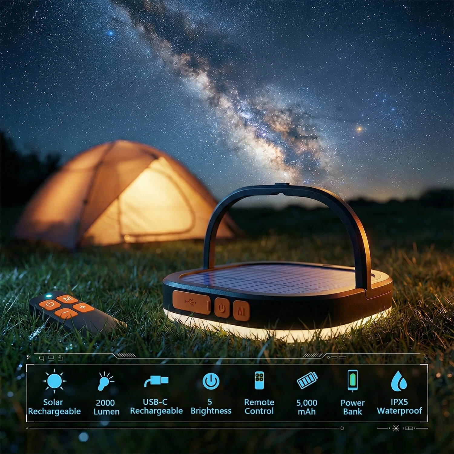 Solar Lantern Remote Control 5000mAh Rechargeable LED Light Camping Essentials 2000 Lumens 5 Light Modes IPX5 Waterproof with USB Charging Lanterns for Power Outages, Fish, Emergency, and Home