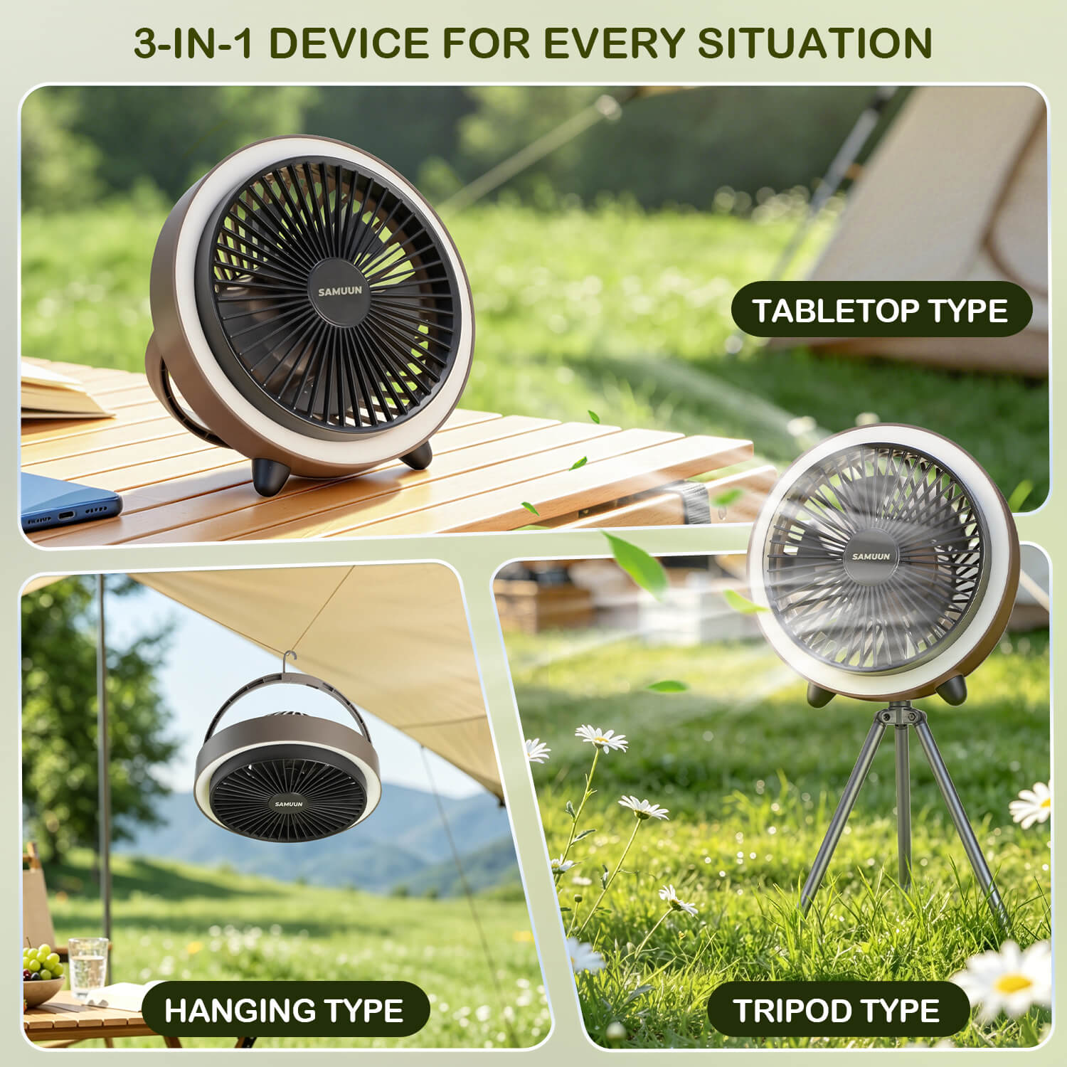 SAMUUN Camping Fan with Light, 10400mAh Remote Control & Color Changing LED for Tent, Car Camping Essentials, Desktop Use - Portable Fan for Campers, Outdoor Enthusiasts