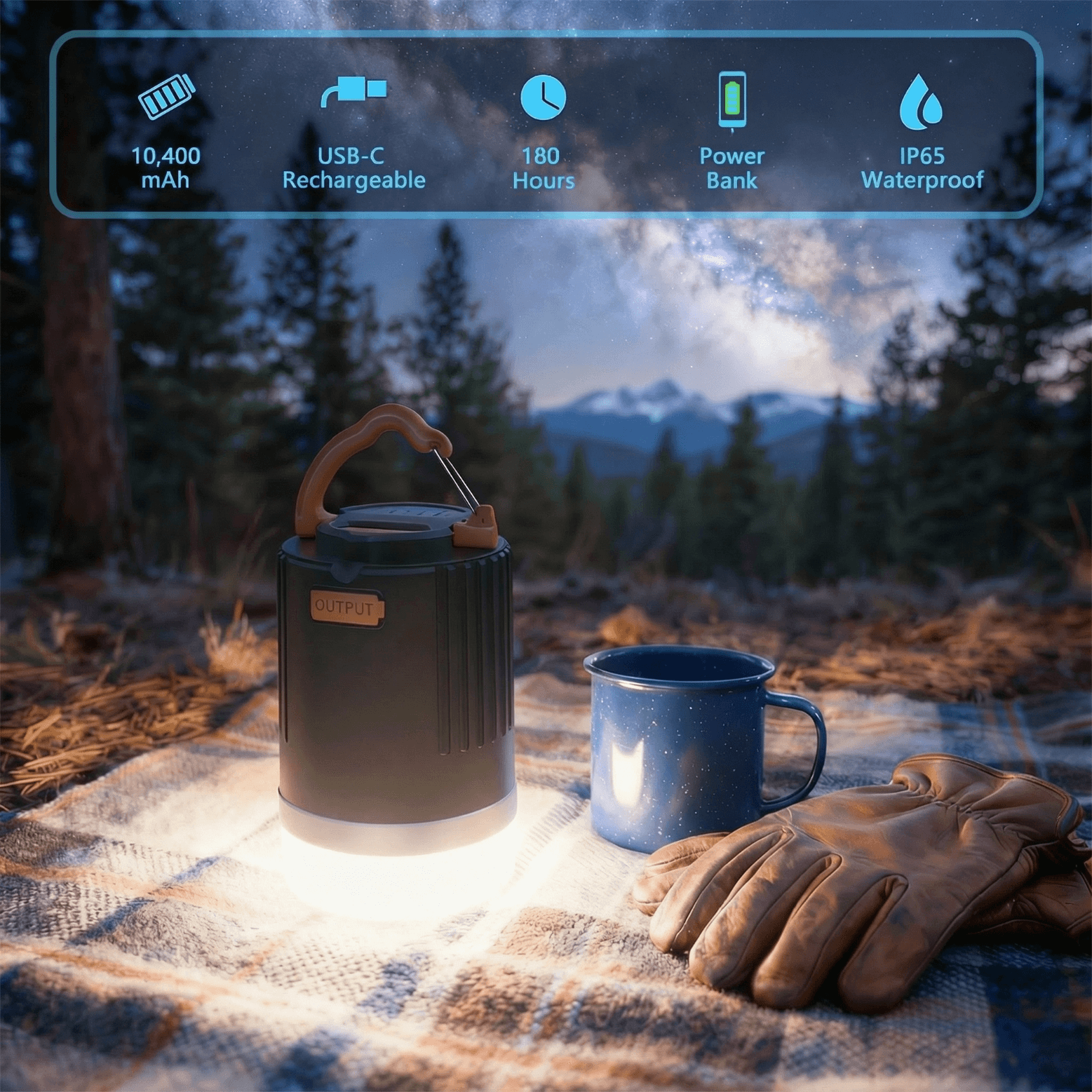 Camping Lantern for Power Outages IP65 Waterproof Camping Lights 10400mAh Portable USB-C Rechargeable 180H Ultra-Long Runtime Emergency Light