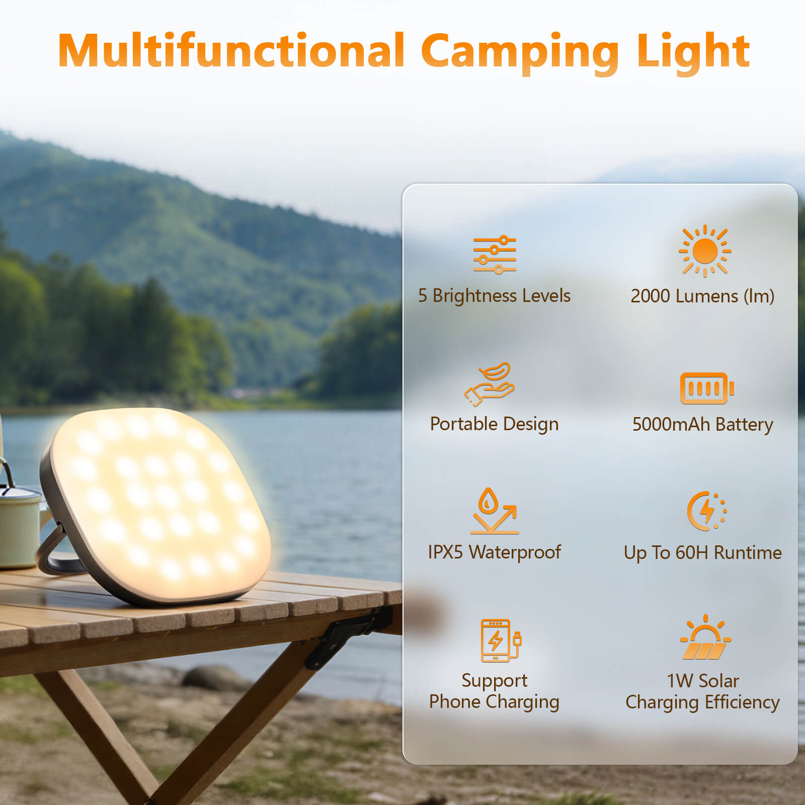 LED Camping Lantern, Solar Lanterns, 5000mAh Rechargeable Light 2000 Lumens 5 Light Modes, IP65 Waterproof with USB Charging – Lanterns for Power outages Hurricane, Hiking, Fish, Emergency, and Home