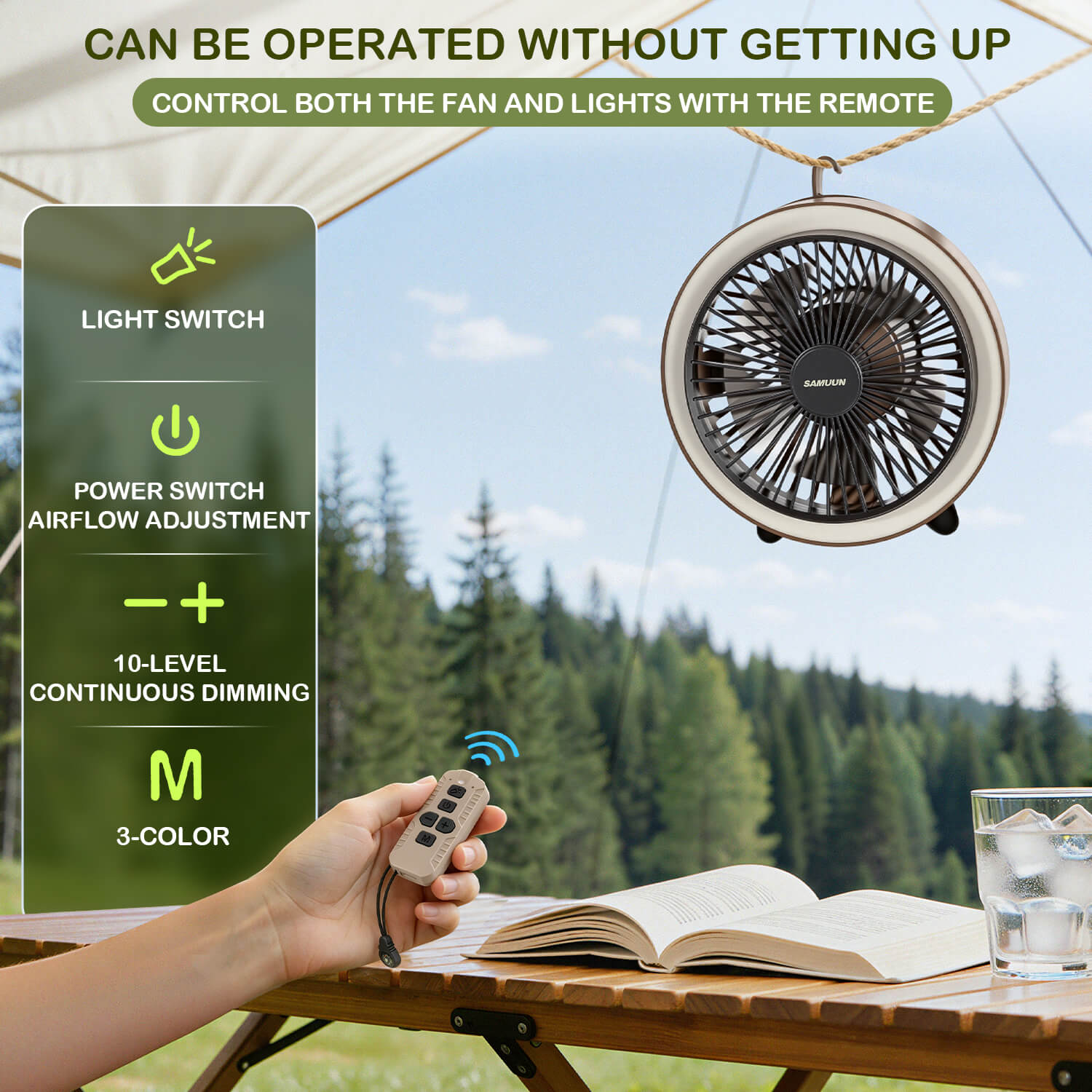 SAMUUN Camping Fan with Light, 10400mAh Remote Control & Color Changing LED for Tent, Car Camping Essentials, Desktop Use - Portable Fan for Campers, Outdoor Enthusiasts